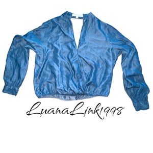 Women's Denim Backless Loose Long Sleeve Open Back Cross Top Blouse Large